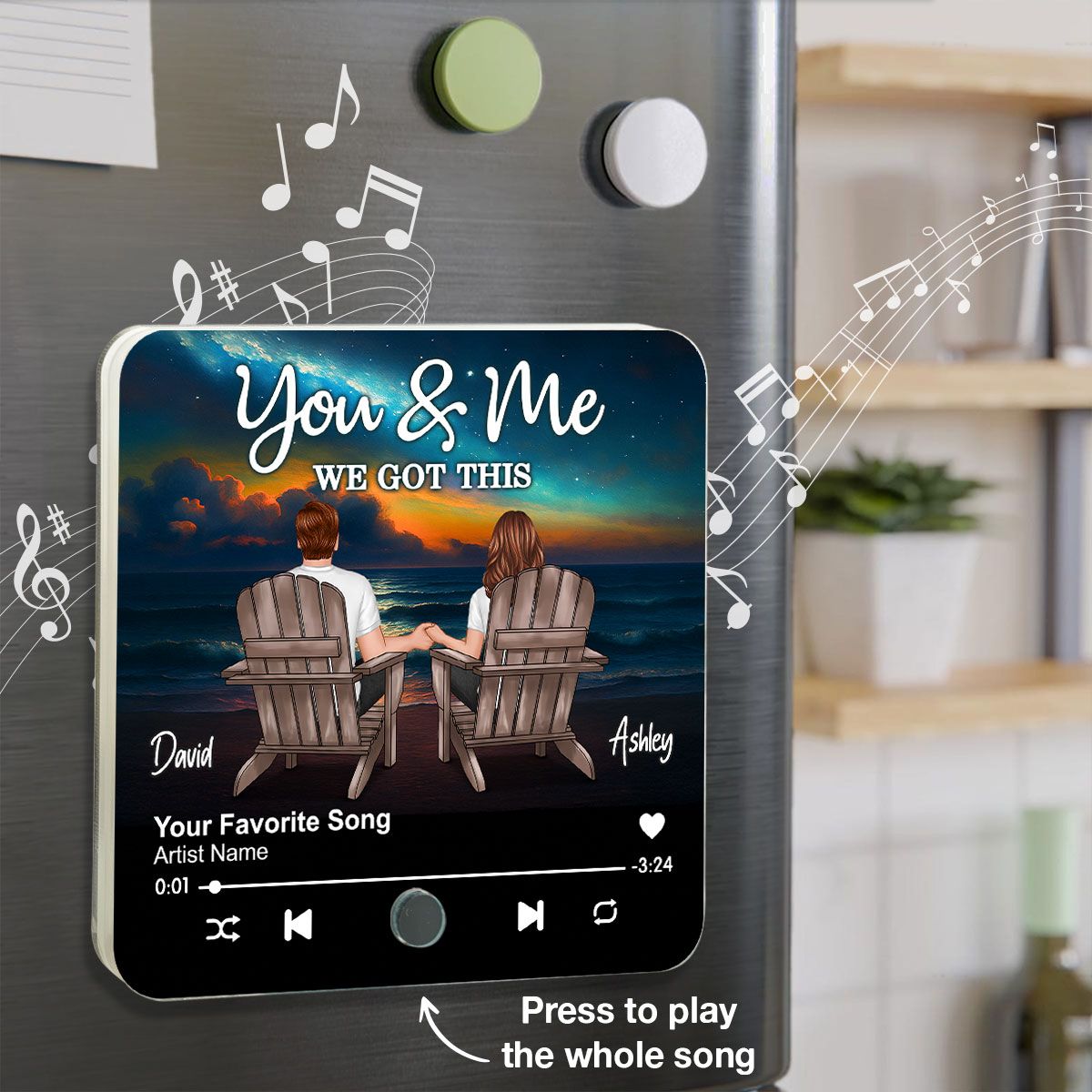 Night Beach Landscape Couple Sitting Back View Personalized Music Magnet