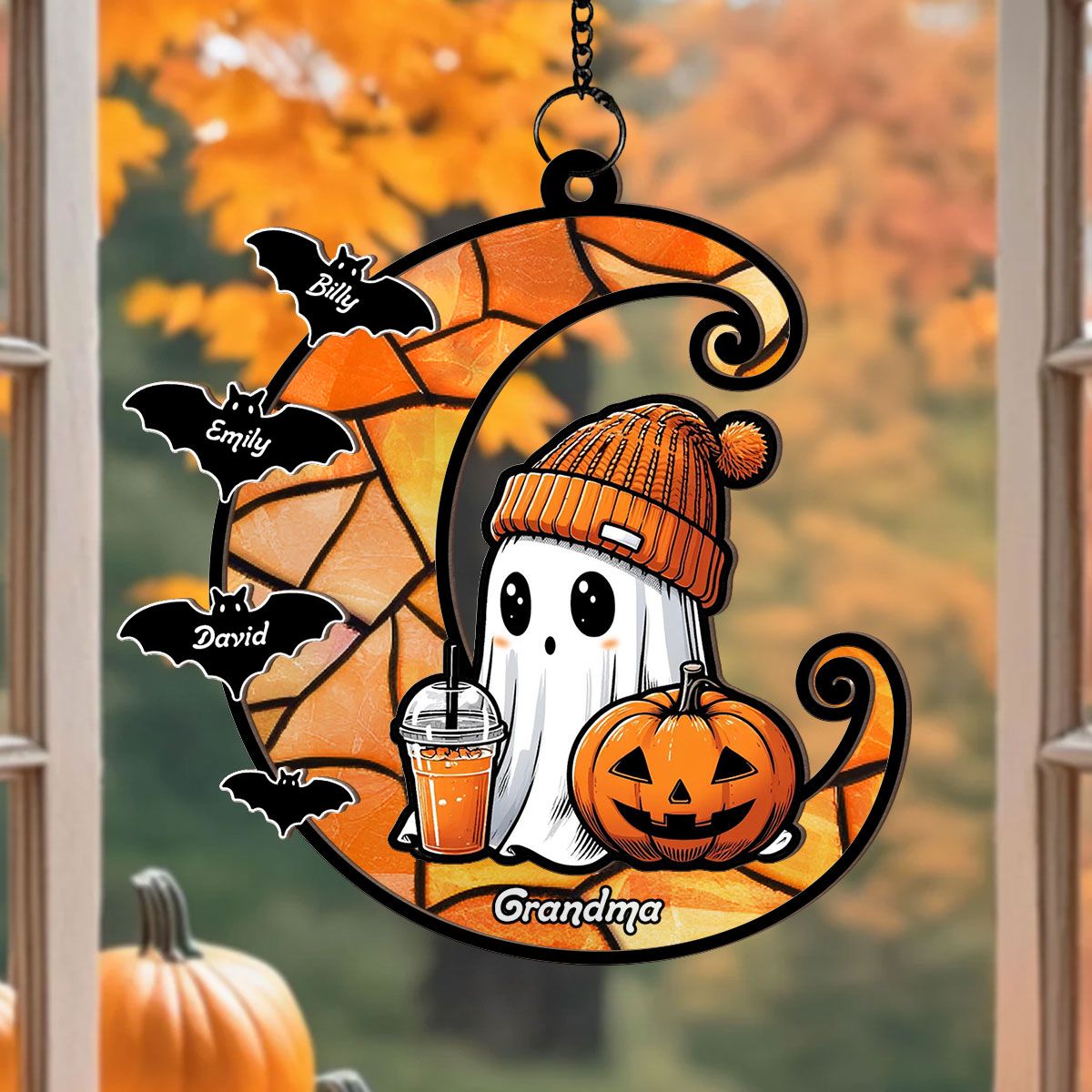 Halloween Grandma Boo & Bats Kids On Moon Personalized Suncatcher, Gift For Grandma