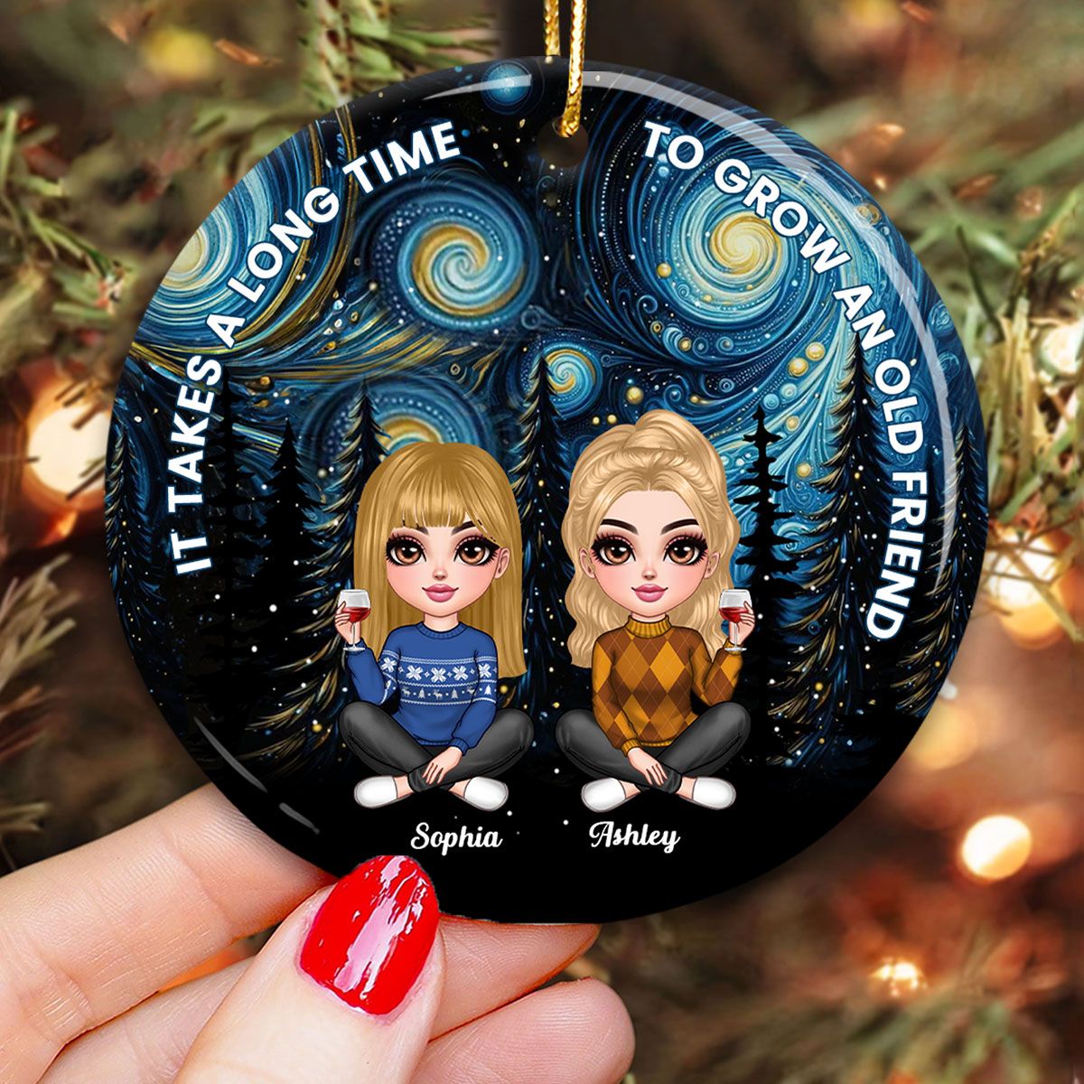 Starry Night Besties Sisters Sitting Personalized Circle Ceramic Ornament, Christmas Gift