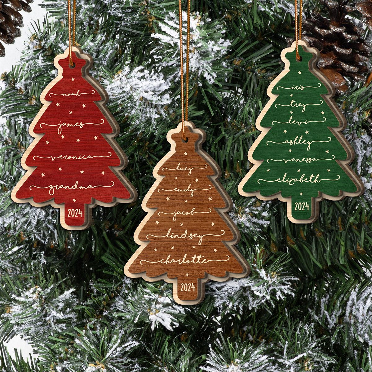 Beautiful Christmas Tree With Family Members Names Personalized 2-Layer Wooden Ornament