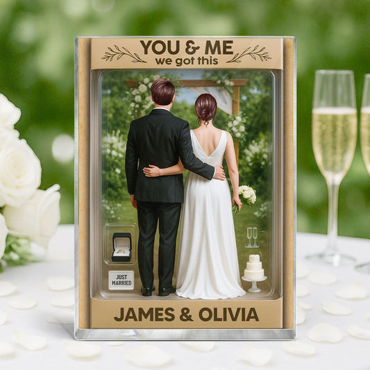 Bride & Groom Couple Toy Box Figures Style Garden Wedding Theme Personalized Acrylic Block Plaque, Wedding Gift, Newlyweds Gift