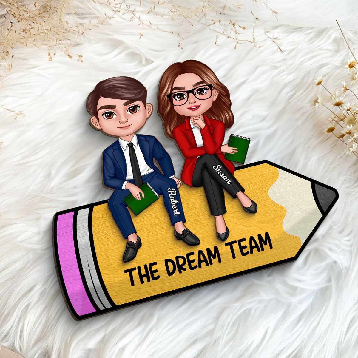 Doll Teacher Best Friends Colleagues Sitting On Pencil Personalized 2-Layer Wooden Plaque, Back To School Gift, Teacher Appreciation Gift, Classroom Decor