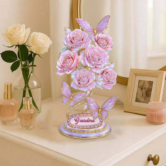 Beautiful Roses With Kids Names Pearl & Stone Effect Personalized Flat Acrylic Block Plaque