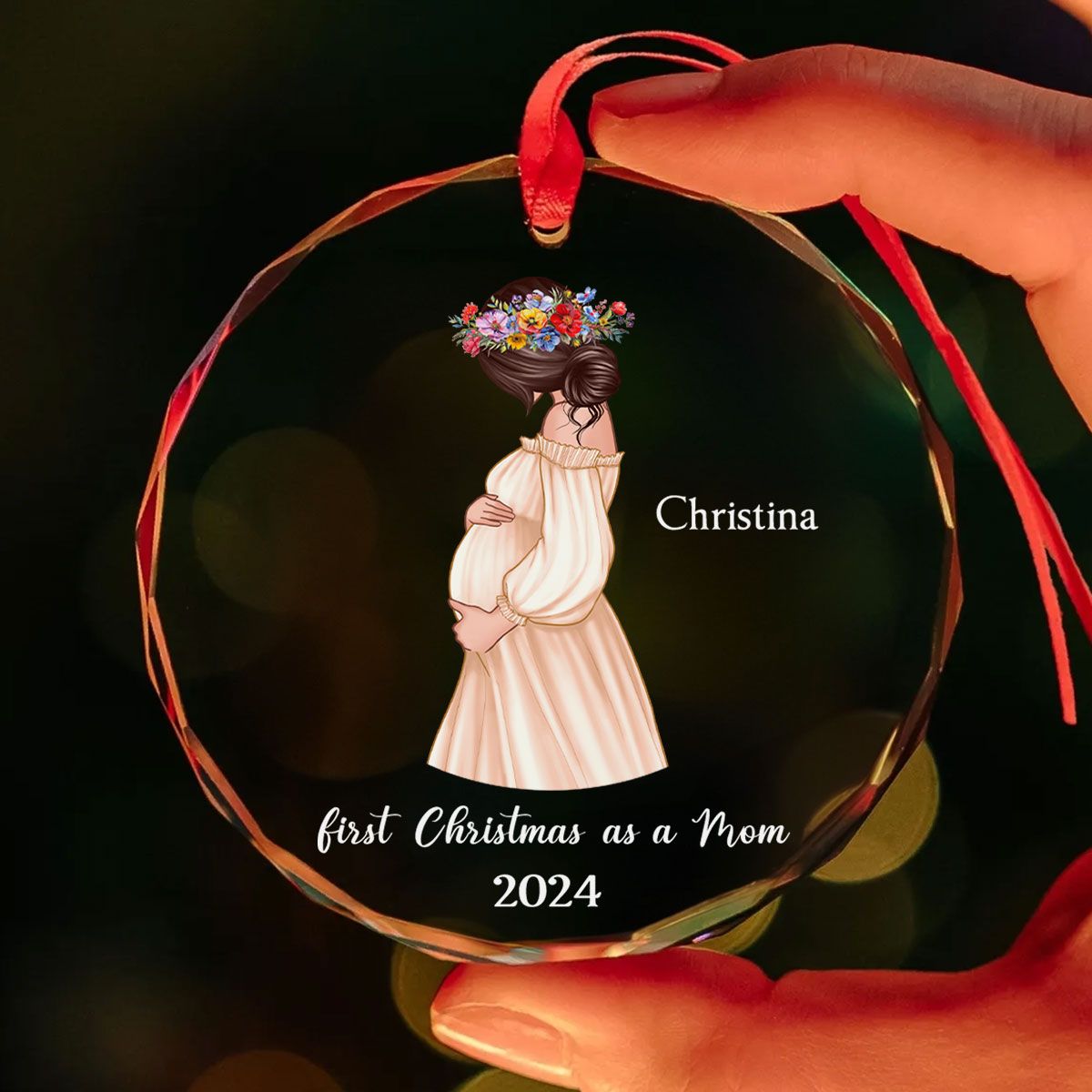 Pregnant Mom Baby Bump's First Christmas, Expecting Mother, Baby Shower, Personalized Glass Ornament