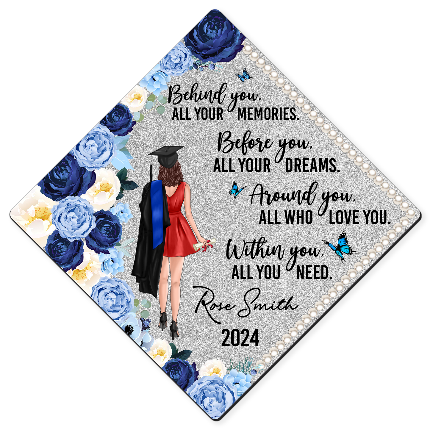 Behind You Flowers Senior Graduation Gift Personalized Printed Graduation Cap Topper (Not Real Glitter)