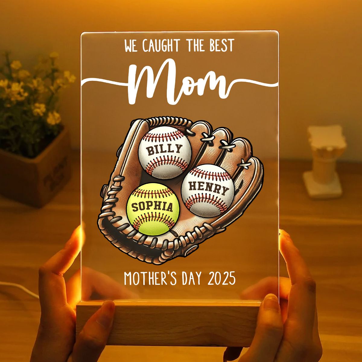 We Caught The Best Mom Baseball, Softball Personalized LED Night Light, Custom Kid's Name, Mother's Day, Gift For Wife, Gift For Mom