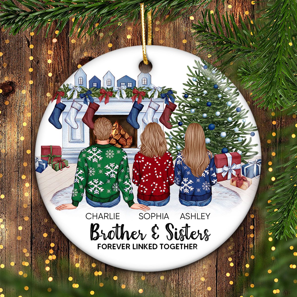 Personalized Siblings Christmas Tree Cozy Fireplace Ornament, Personalized Brothers and Sisters Ornament, Siblings Gift