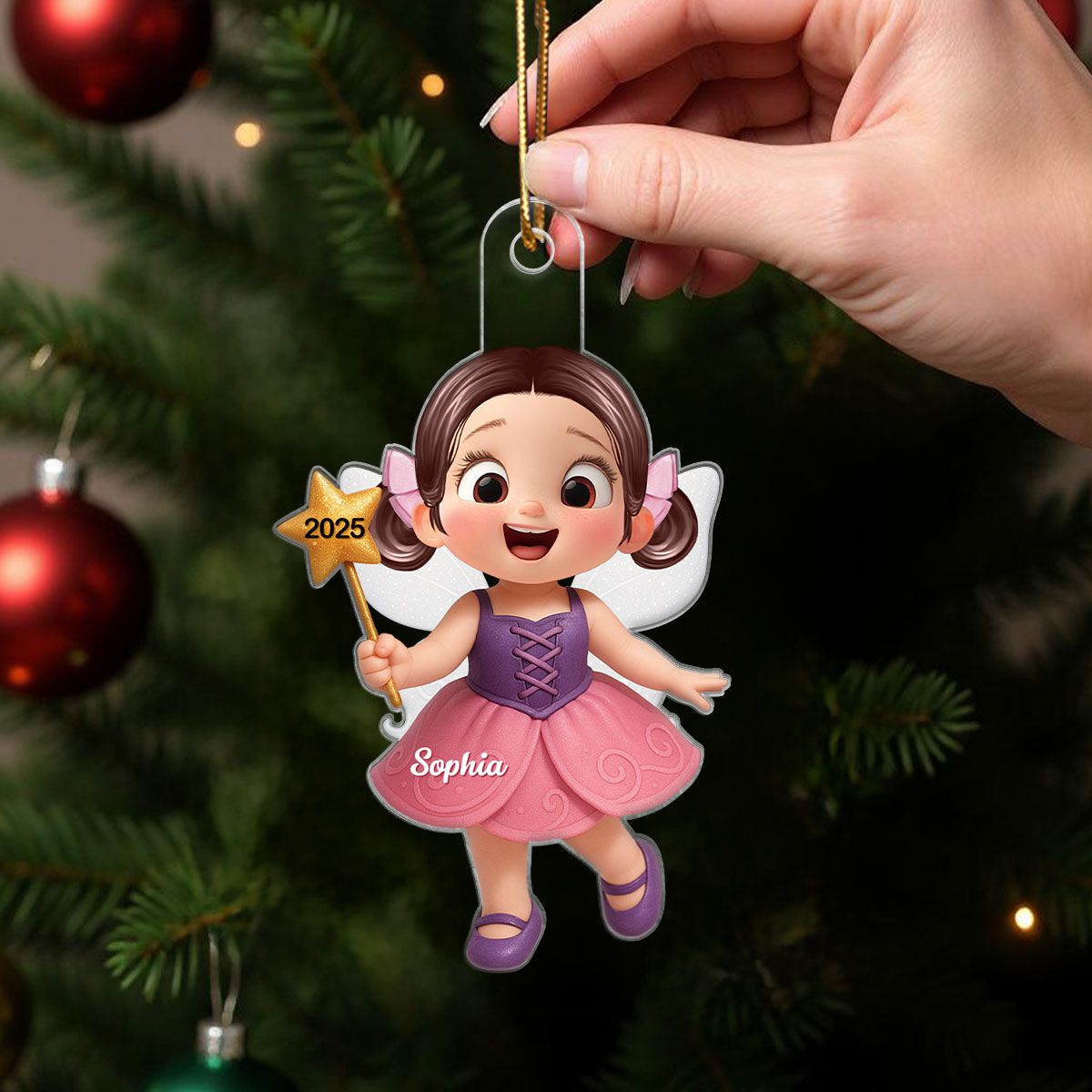 3D Effect Cute Cartoon Fairy Kid Christmas Personalized Acrylic Ornament, Beautiful Gift For Grandkids