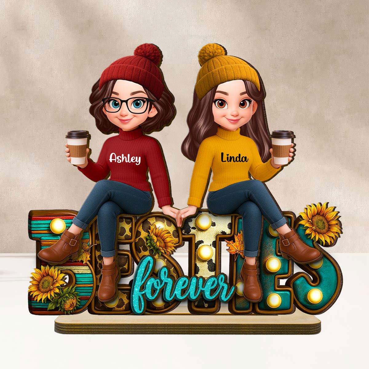 Western Fall Vibe Besties Sitting Personalized Standing Wooden Plaque, Fall Gift for Best Friends