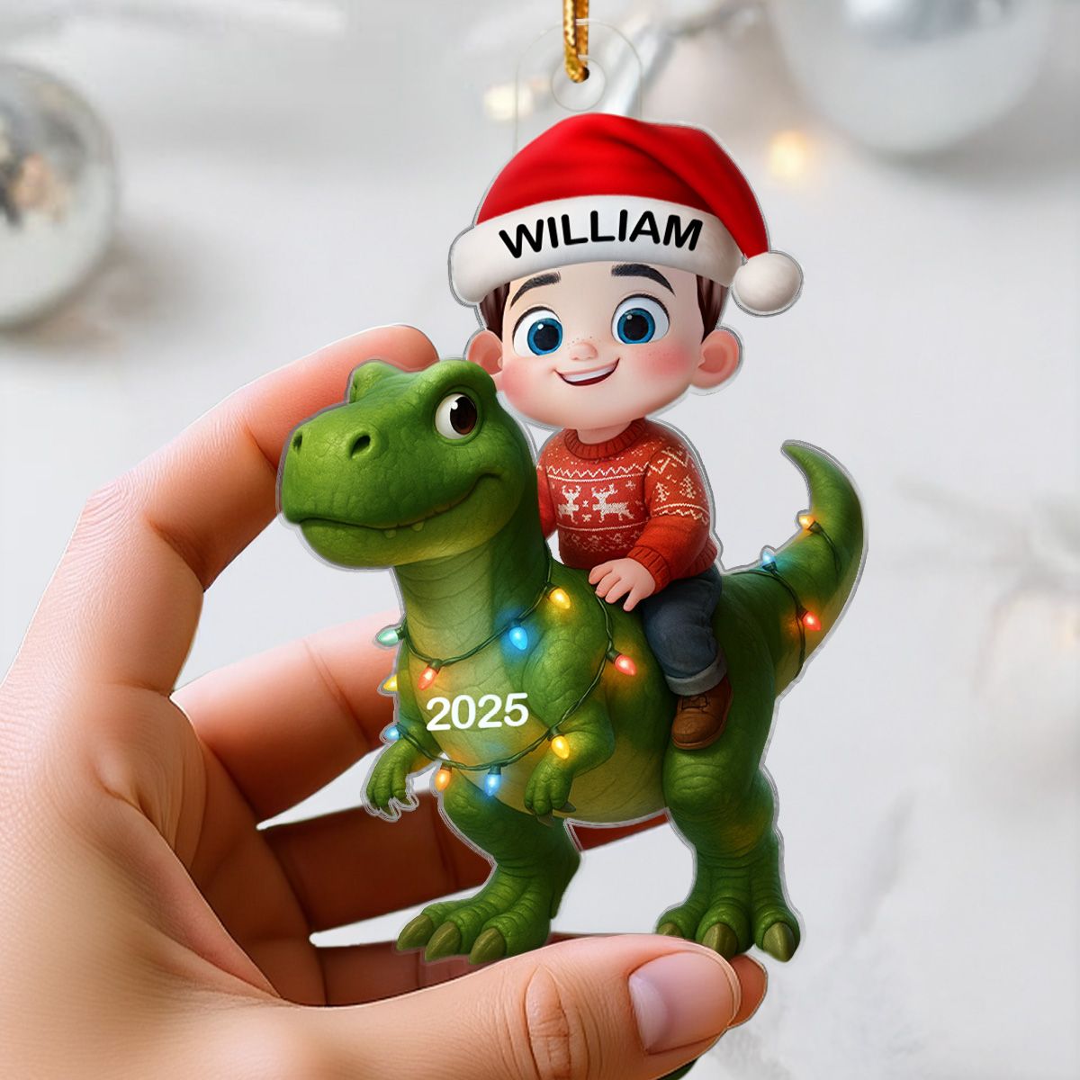 3D Effect Cute Cartoon Kid With Dinosaur Christmas Personalized Acrylic Ornament