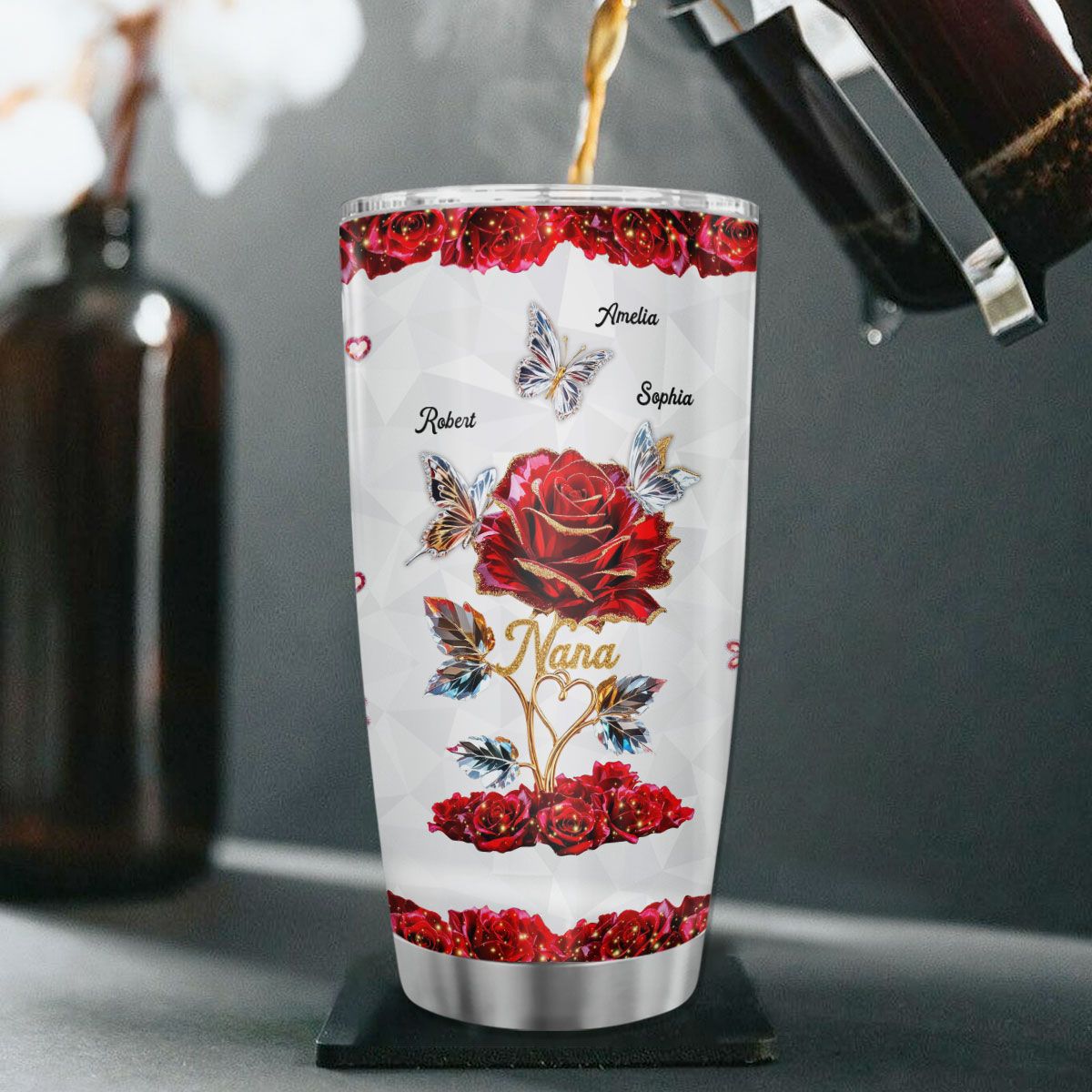 Beautiful Rose & Butterflies Gift For Grandma Mom 3D Effect Personalized Tumbler