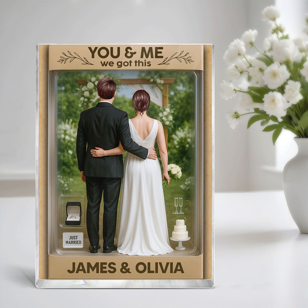 Bride & Groom Couple Toy Box Figures Style Garden Wedding Theme Personalized Acrylic Block Plaque, Wedding Gift, Newlyweds Gift