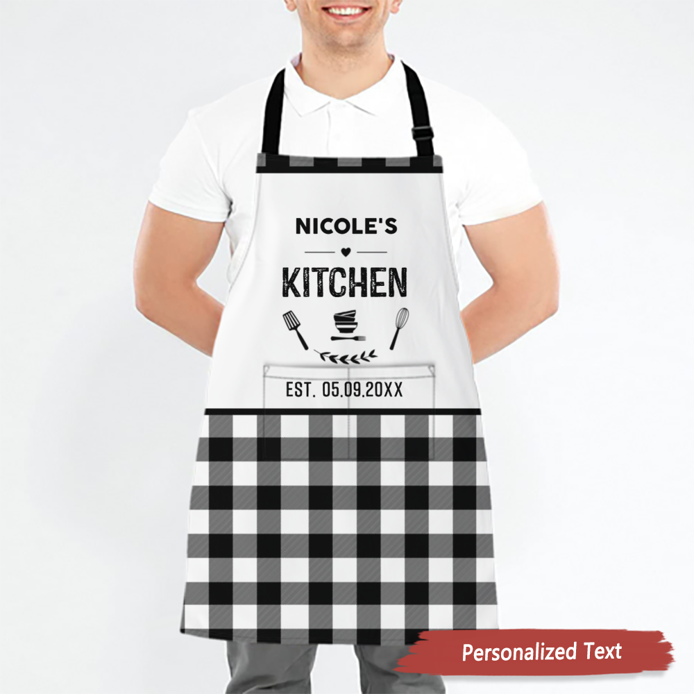 Custom Text, Black and White Buffalo Plaid Kitchen Apron