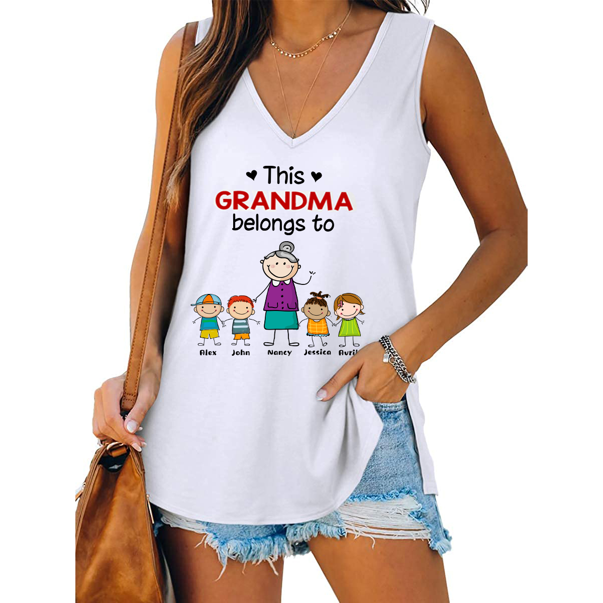 This Grandma Belongs To Grandkids Personalized Tank Tops V Neck Casual Flowy Sleeveless