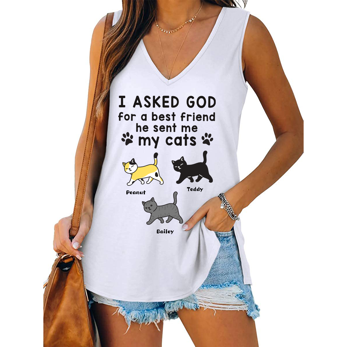 Asked God For Best Friend Personalized Tank Tops V Neck Casual Flowy Sleeveless