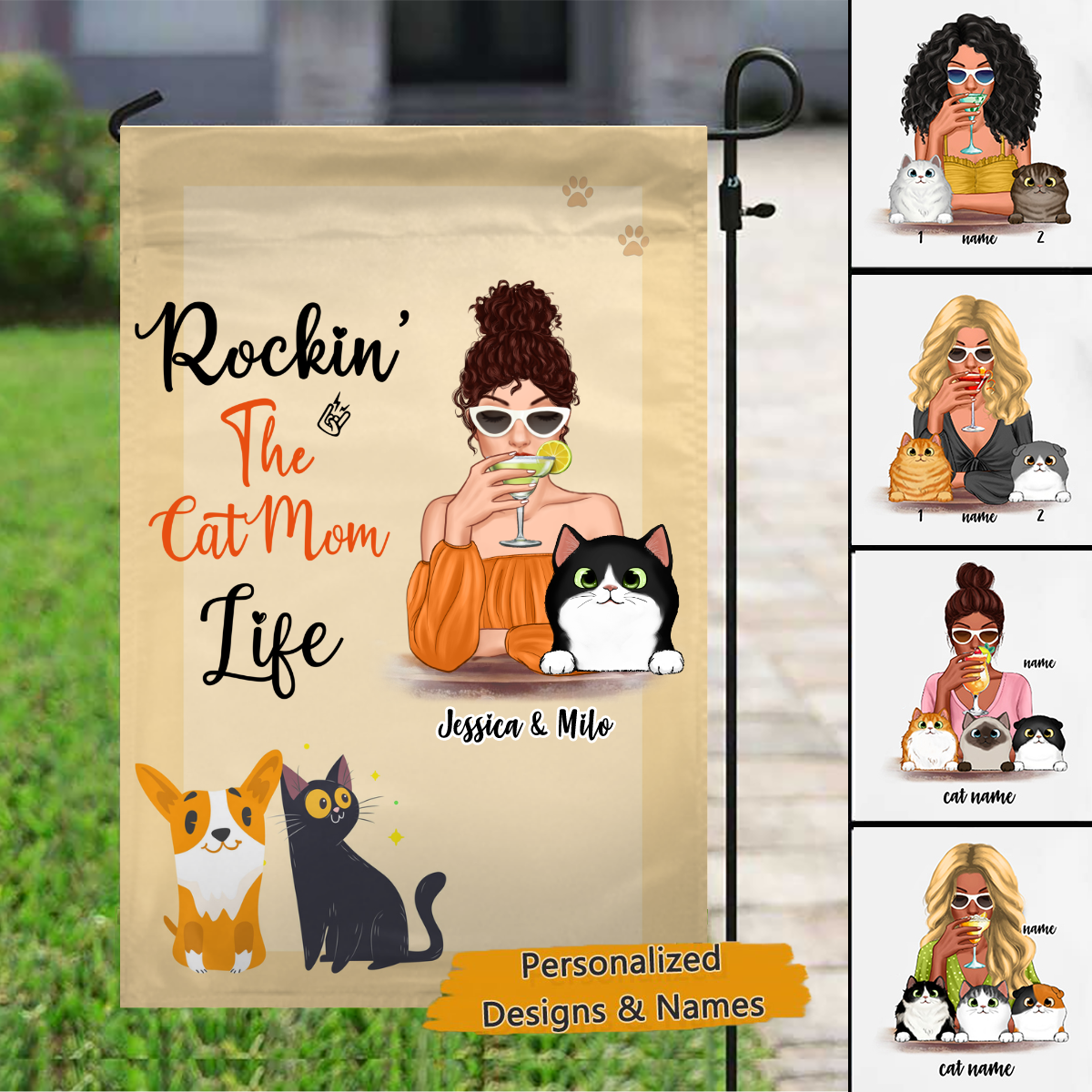 Rockin‘ Cat Mom Life Cocktail Girl Personalized Garden Flag