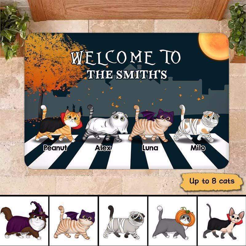 Halloween Fluffy Cats On The Crosswalk Personalized Doormat