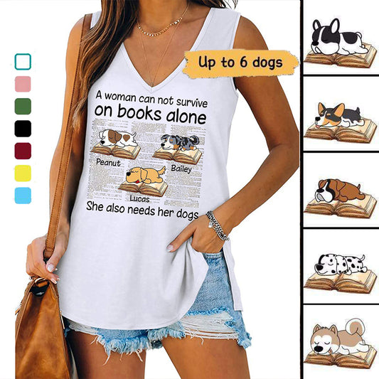 Woman Book And Sleeping Dogs Personalized Women Tank Top V Neck Casual Flowy Sleeveless