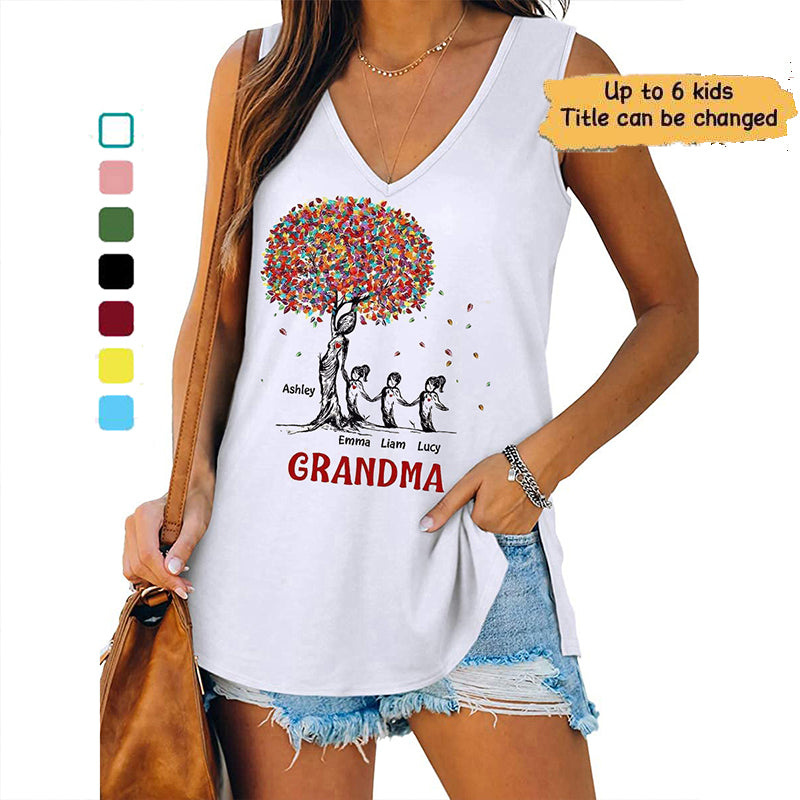 Autumn Tree Grandma And Kids Personalized Women Tank Top V Neck Casual Flowy Sleeveless