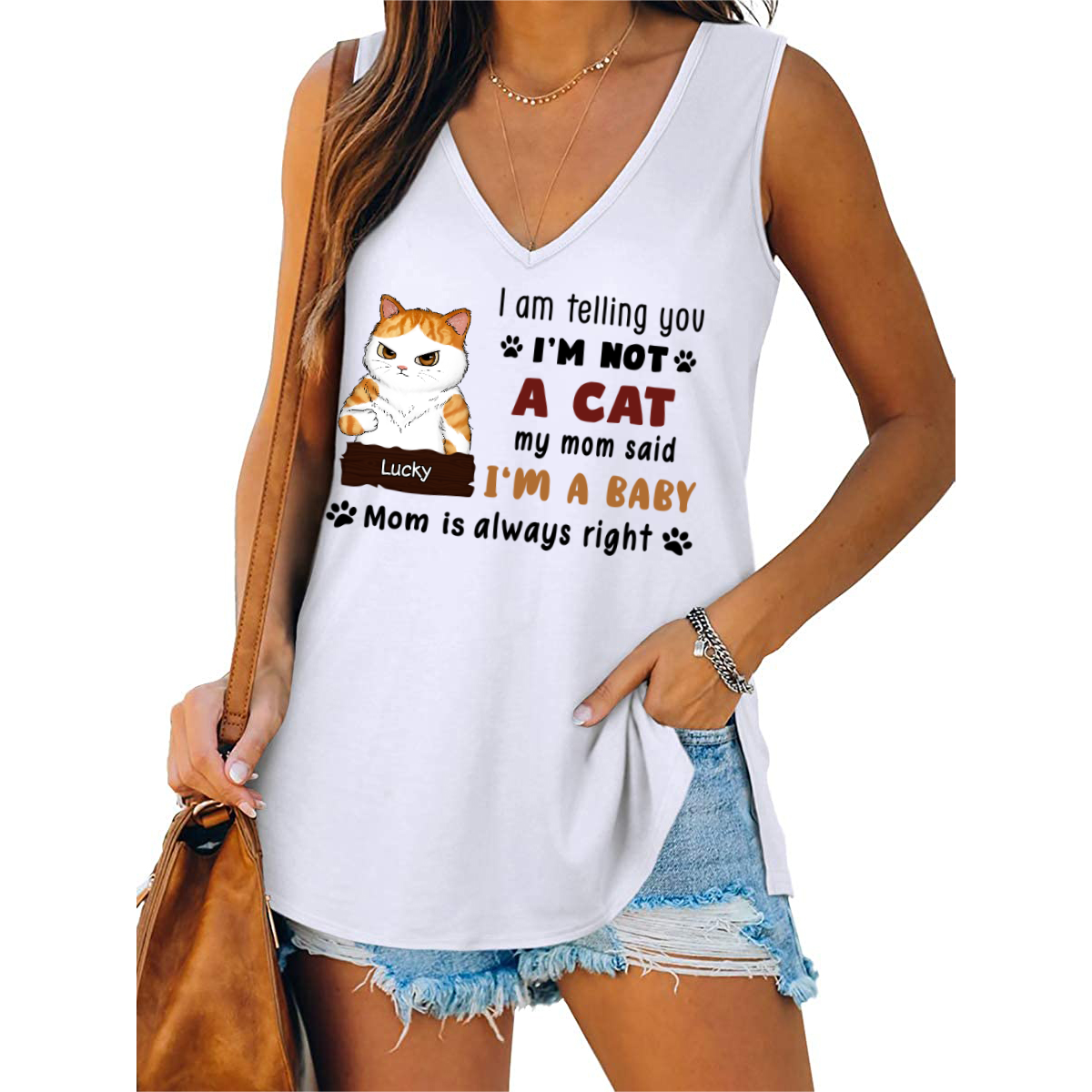 Telling You I‘m A Baby Grumpy Fluffy Cat Personalized Women Tank Top V Neck Casual Flowy Sleeveless