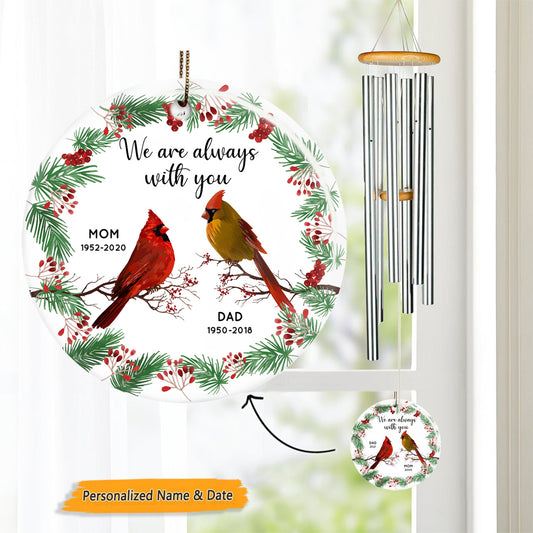 Always With You Holly Branch Christmas Personalized Memorial Circle Wind Chime