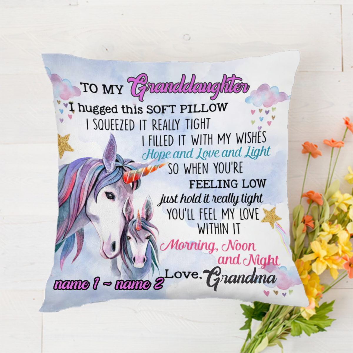 Personalized Mom Grandma Daughter Granddaughter Son Grandson Unicorn Pillow