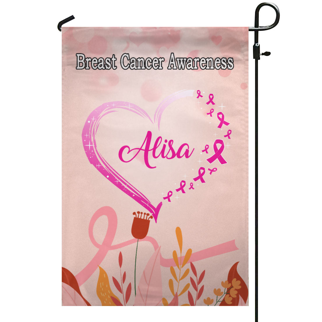 Pink Ribbon Heart Personalized Name Garden Flag