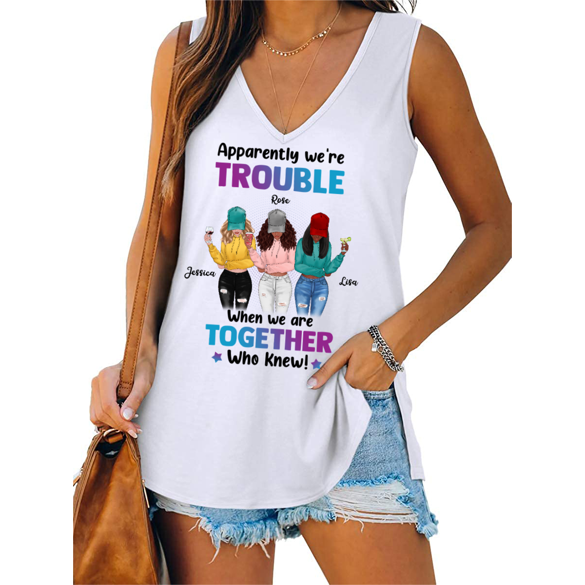 We're Trouble Besties Front View Personalized Women Tank Top V Neck Casual Flowy Sleeveless (3 Besties)