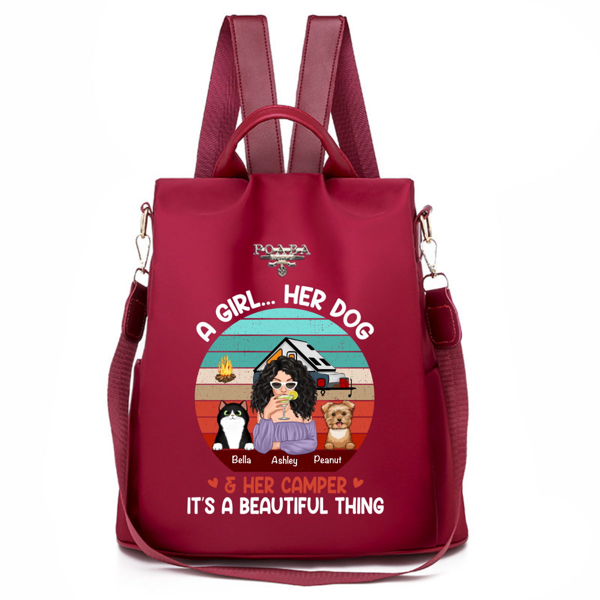 Camping Girl And Fur Babies Retro Personalized Backpack