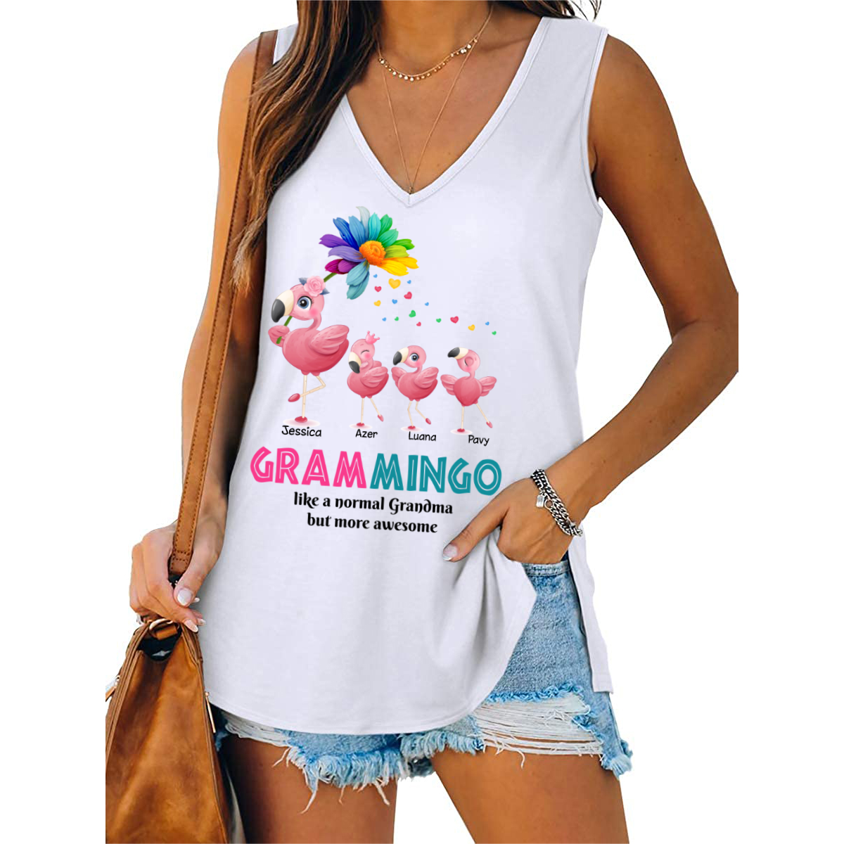 Grammingo Grandma More Awesome Personalized Women Tank Top V Neck Casual Flowy Sleeveless