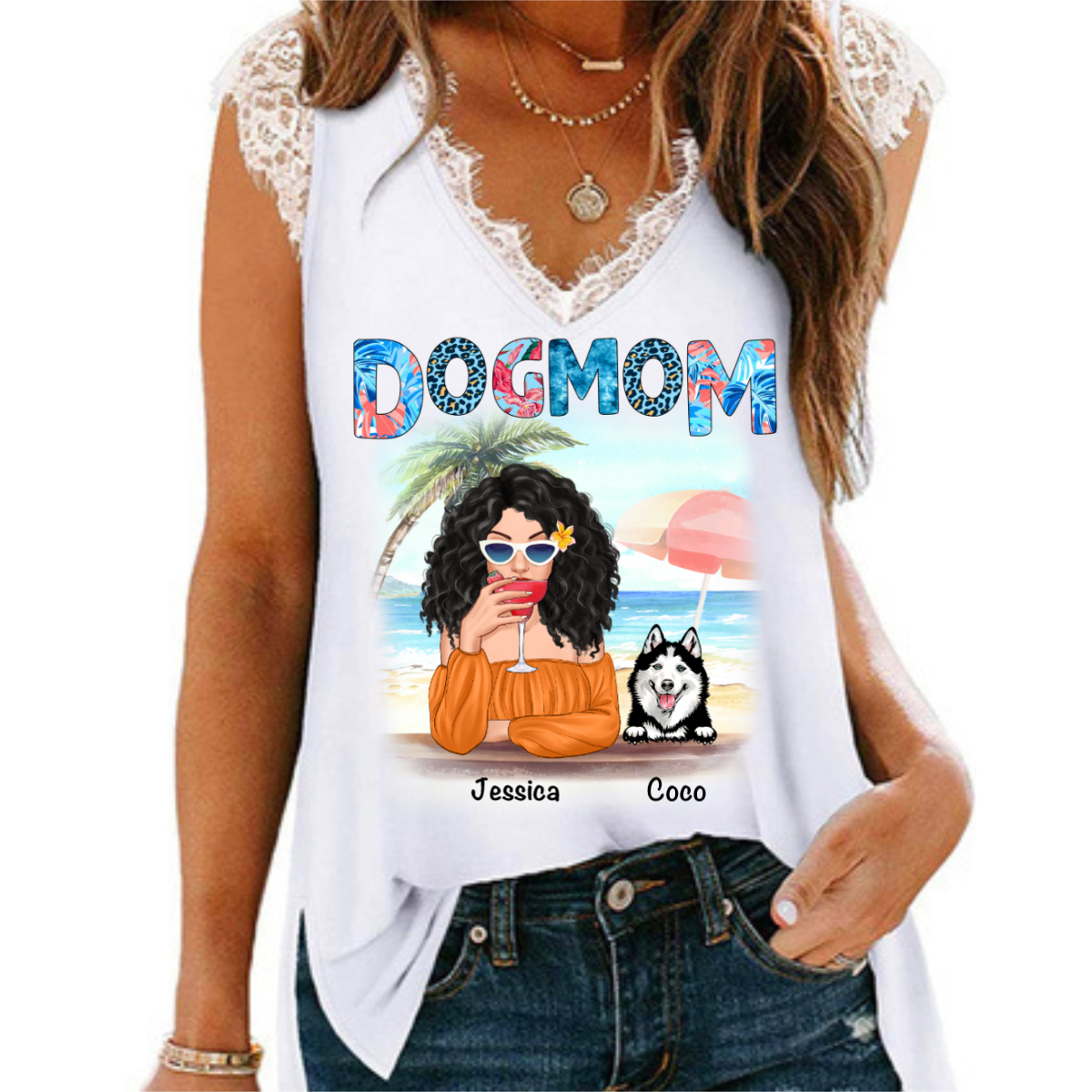 Dog Mom Summer Patterned Personalized Women Tank Top V Neck Lace