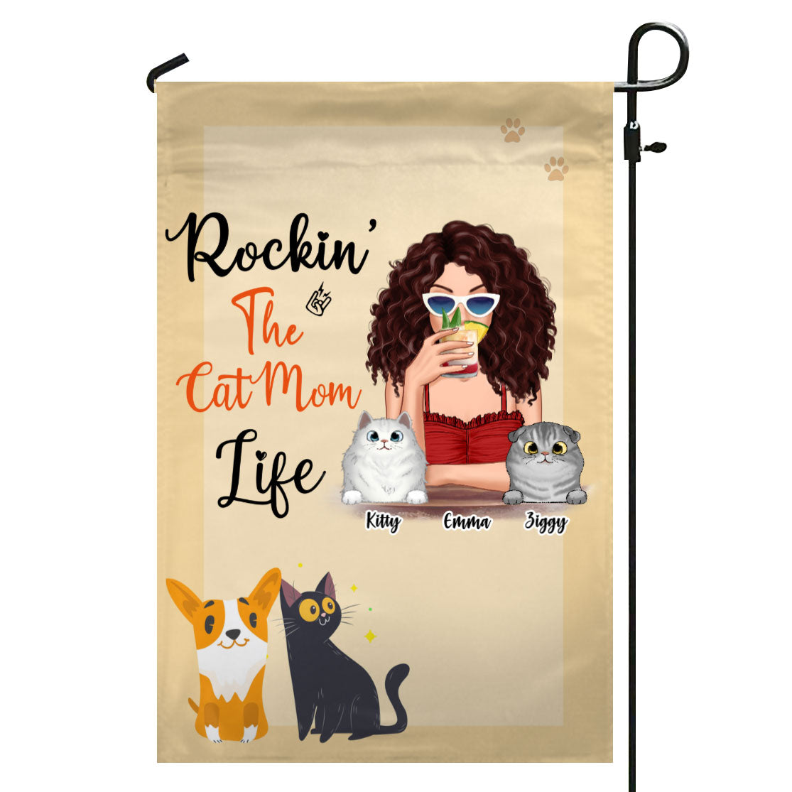 Rockin‘ Cat Mom Life Cocktail Girl Personalized Garden Flag