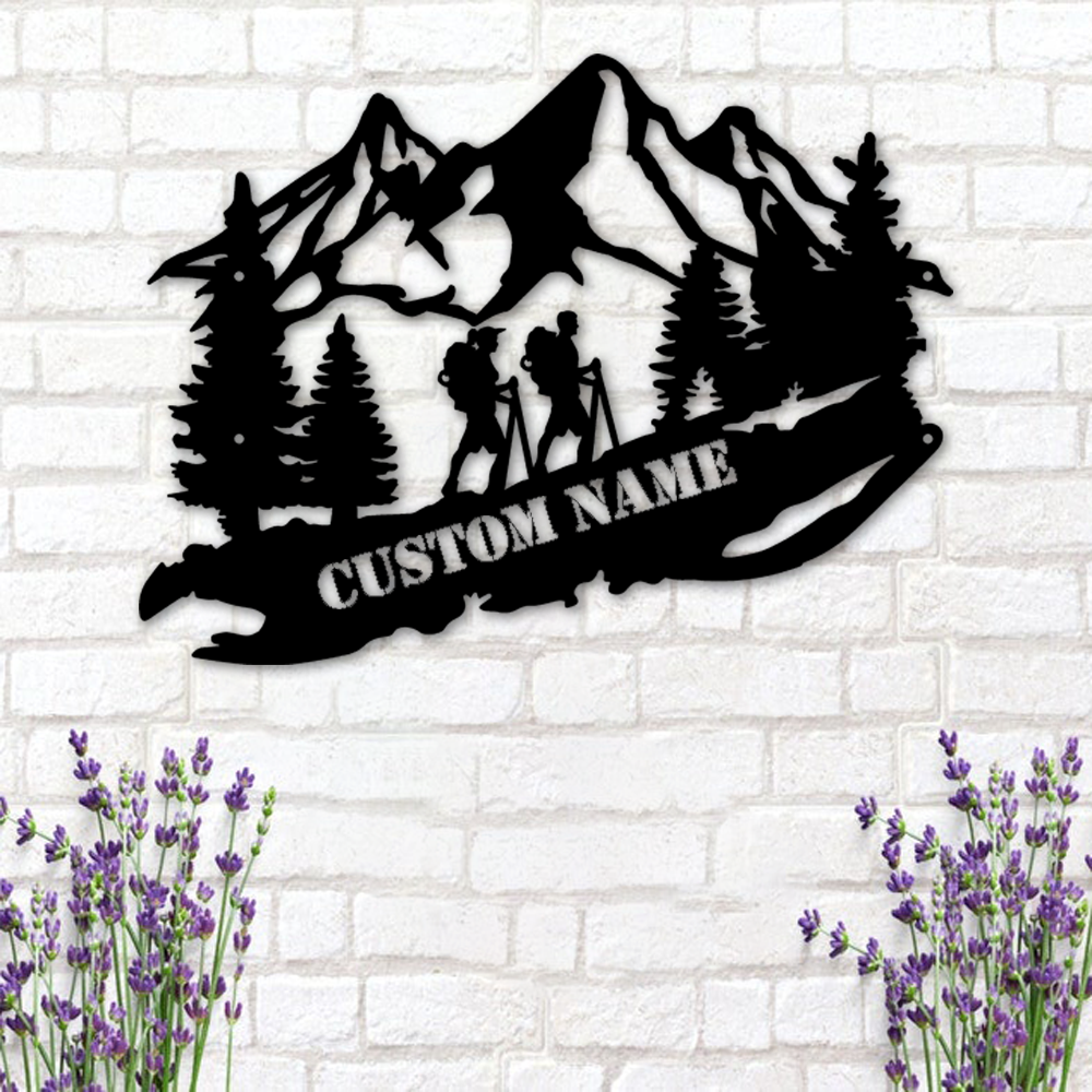 Mountain Hiking Couple, Hiker Lover, Mountain Hike Custom Name Monogram Metal Wall Art