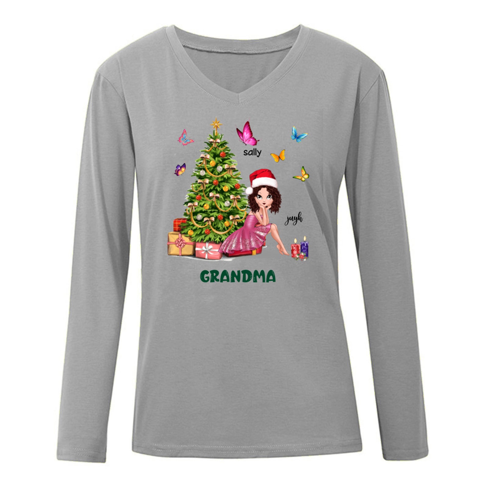 Grandma Sitting Butterflies Christmas Personalized  Long Sleeve Shirt