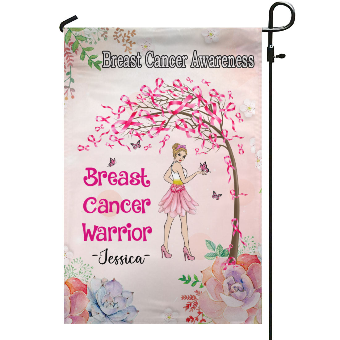 Breast Cancer Ribbon Tree Flower Dress Girl Personalized Name Garden Flag