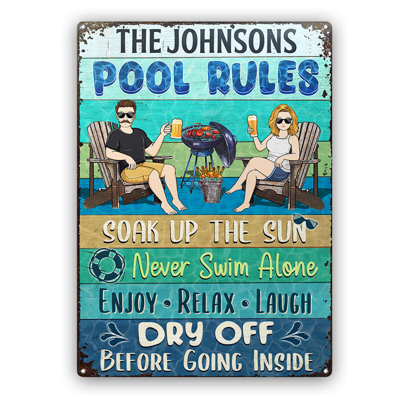 Pool Rules Soak Up The Sun Husband Wife Couple - Pool Sign - Personalized Custom Classic Metal Signs