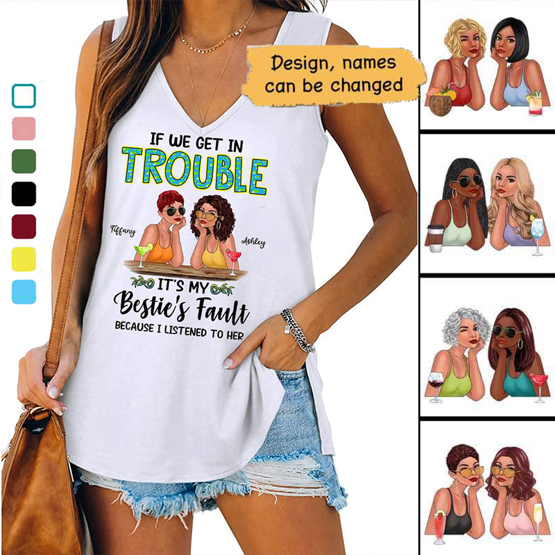 Summer Fashion Besties Get In Trouble Personalized Women Tank Top V Neck Sleeveless