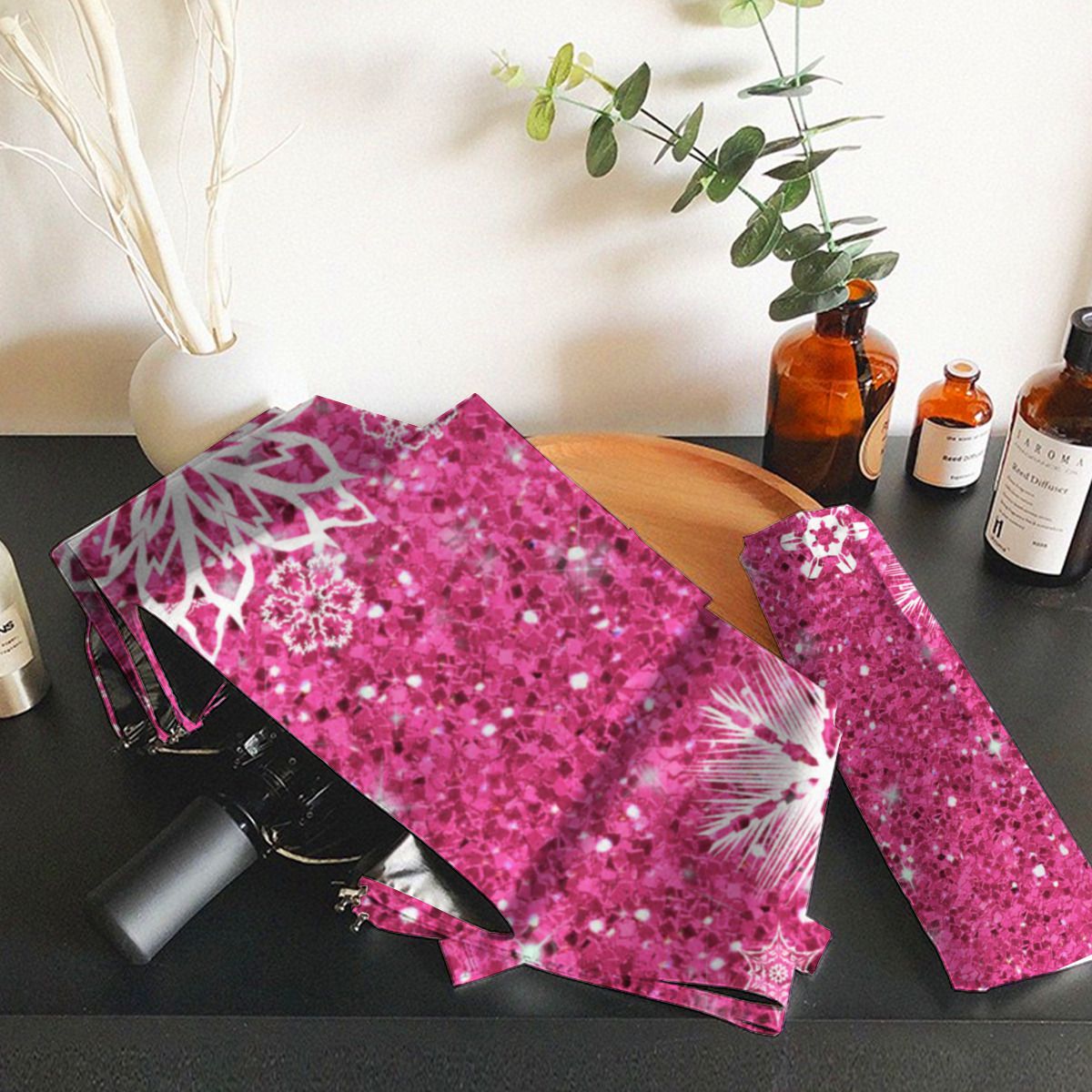 Snowflakes On Glitter Pink Id454 Brushed Polyester Umbrella No.2NPXJF