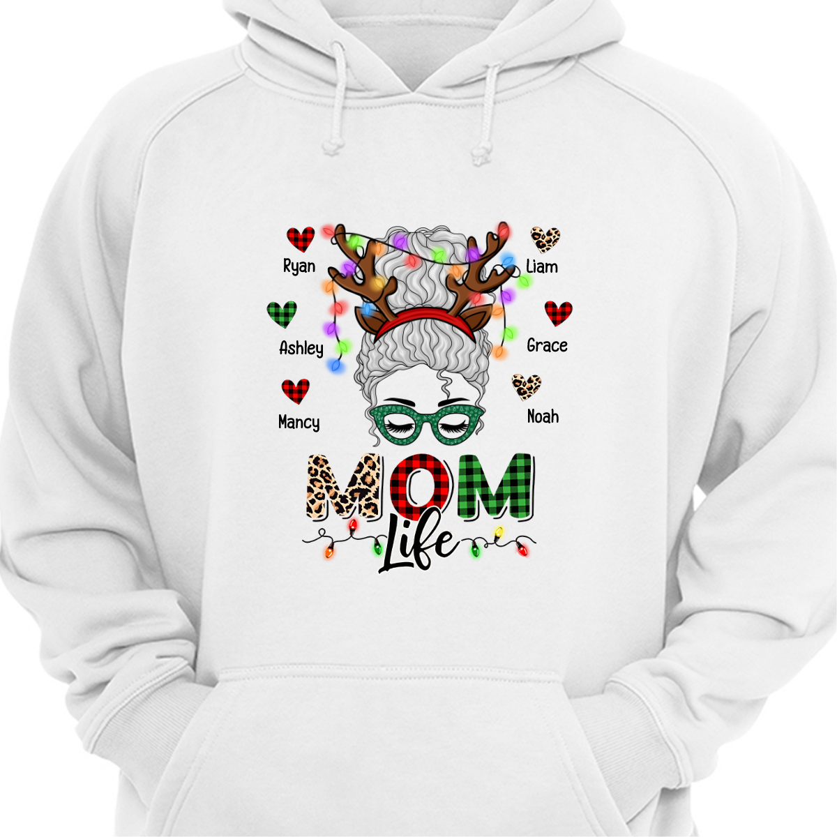 Mom Life Christmas Messy Bun Personalized Hoodie Sweatshirt