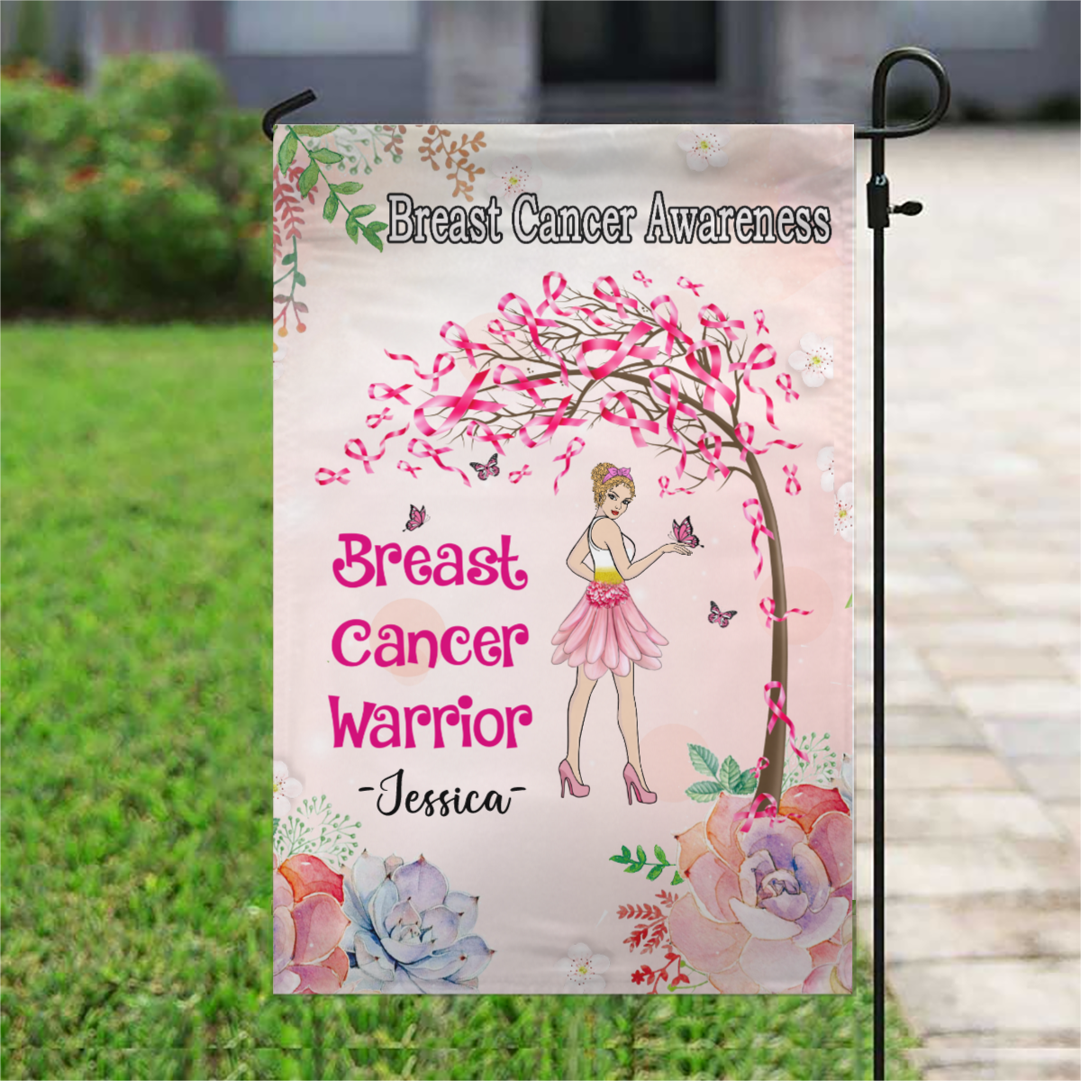 Breast Cancer Ribbon Tree Flower Dress Girl Personalized Name Garden Flag