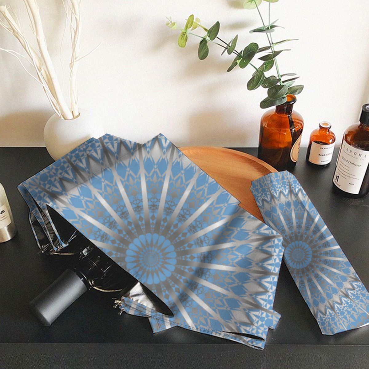 Silver Blue Mandala Brushed Polyester Umbrella No.36S23A