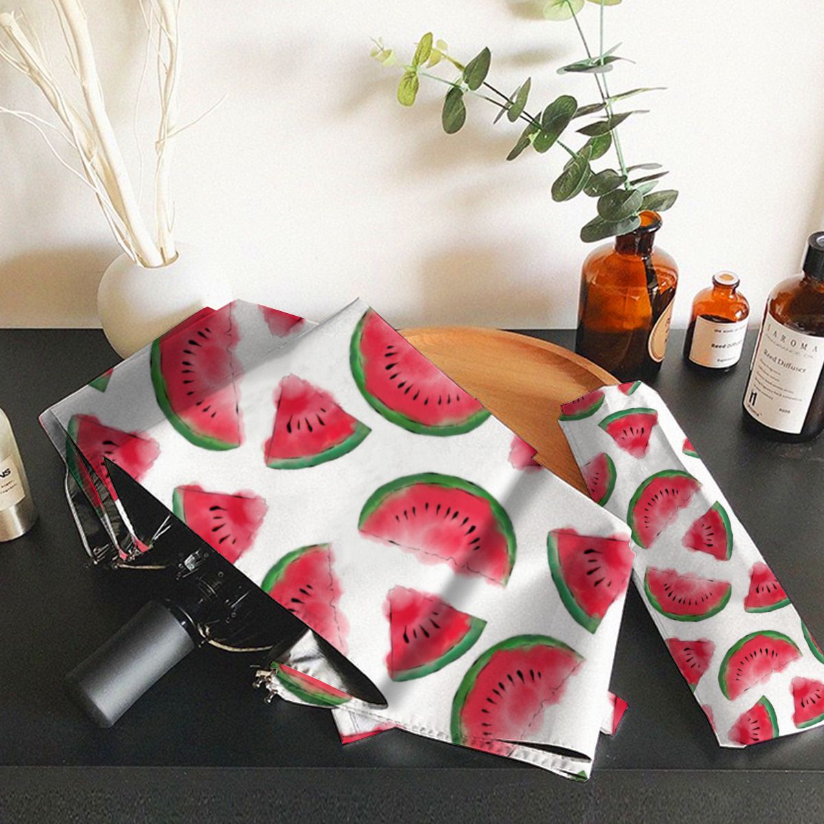 Summer Red Green Watermelon Watercolor Pattern Brushed Polyester Umbrella No.3GMNTA