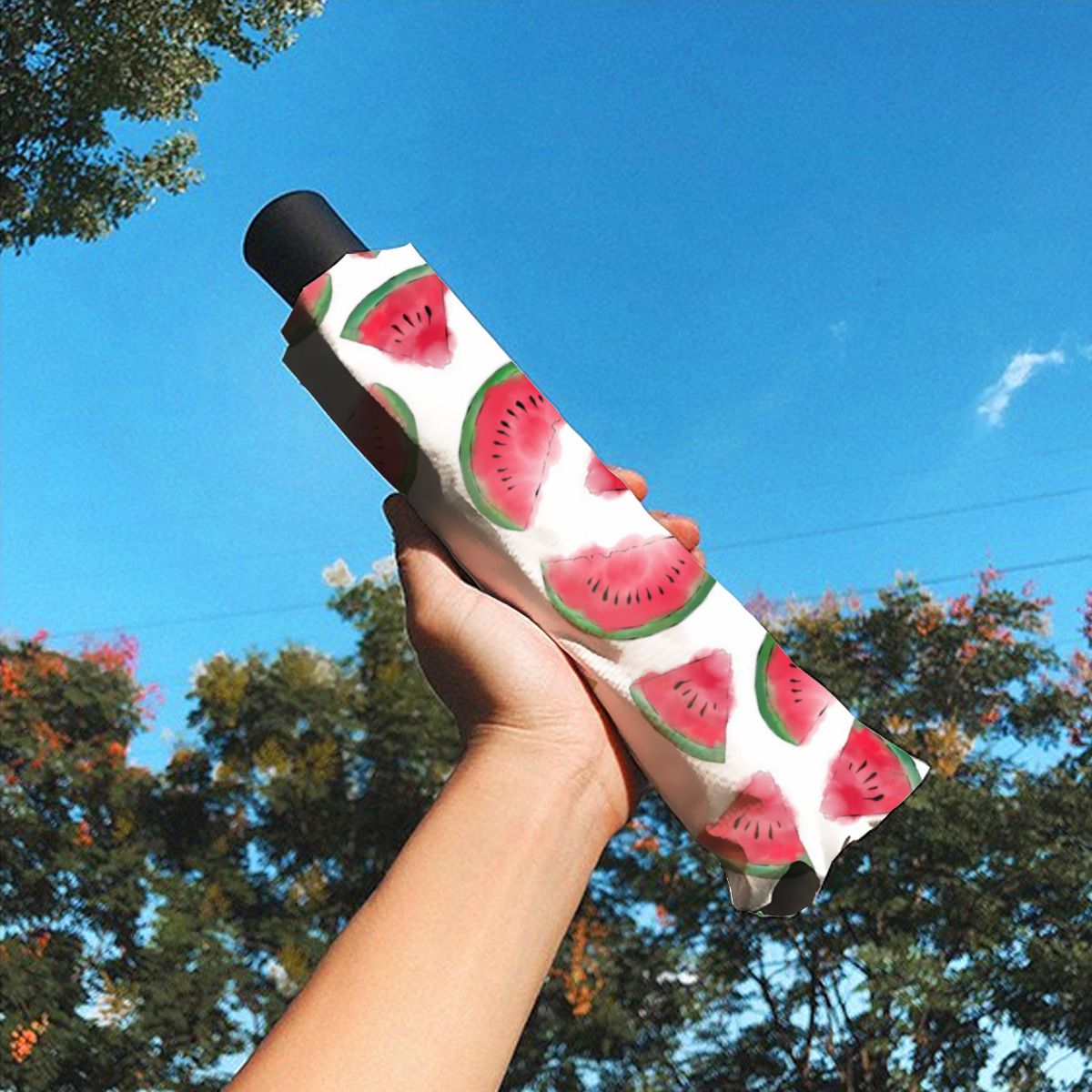 Summer Red Green Watermelon Watercolor Pattern Brushed Polyester Umbrella No.3GMNTA