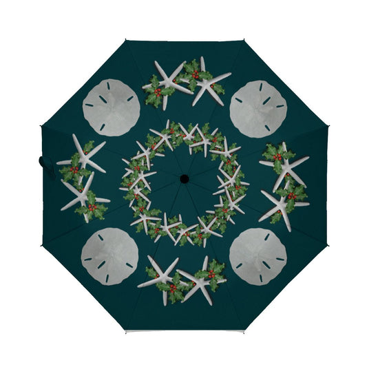 Tropical Christmas Sand Dollars Starfish Teal Brushed Polyester Umbrella No.3Q3BBP