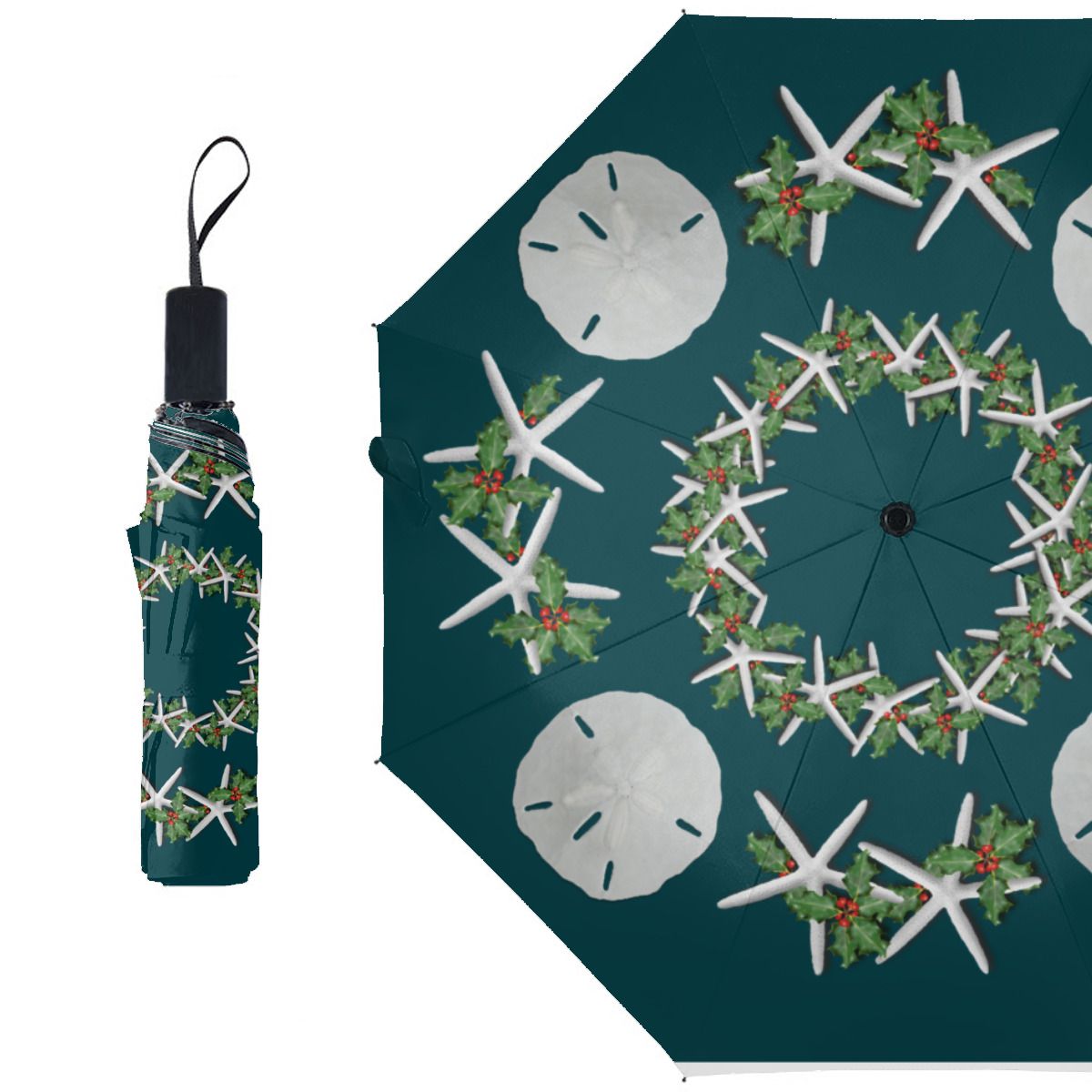 Tropical Christmas Sand Dollars Starfish Teal Brushed Polyester Umbrella No.3Q3BBP