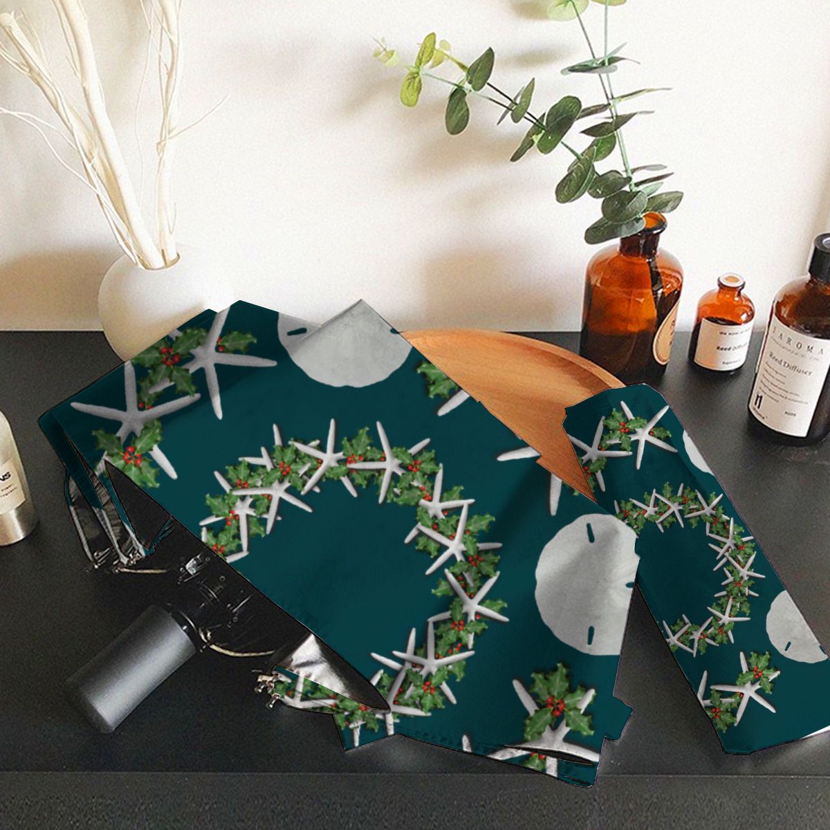 Tropical Christmas Sand Dollars Starfish Teal Brushed Polyester Umbrella No.3Q3BBP
