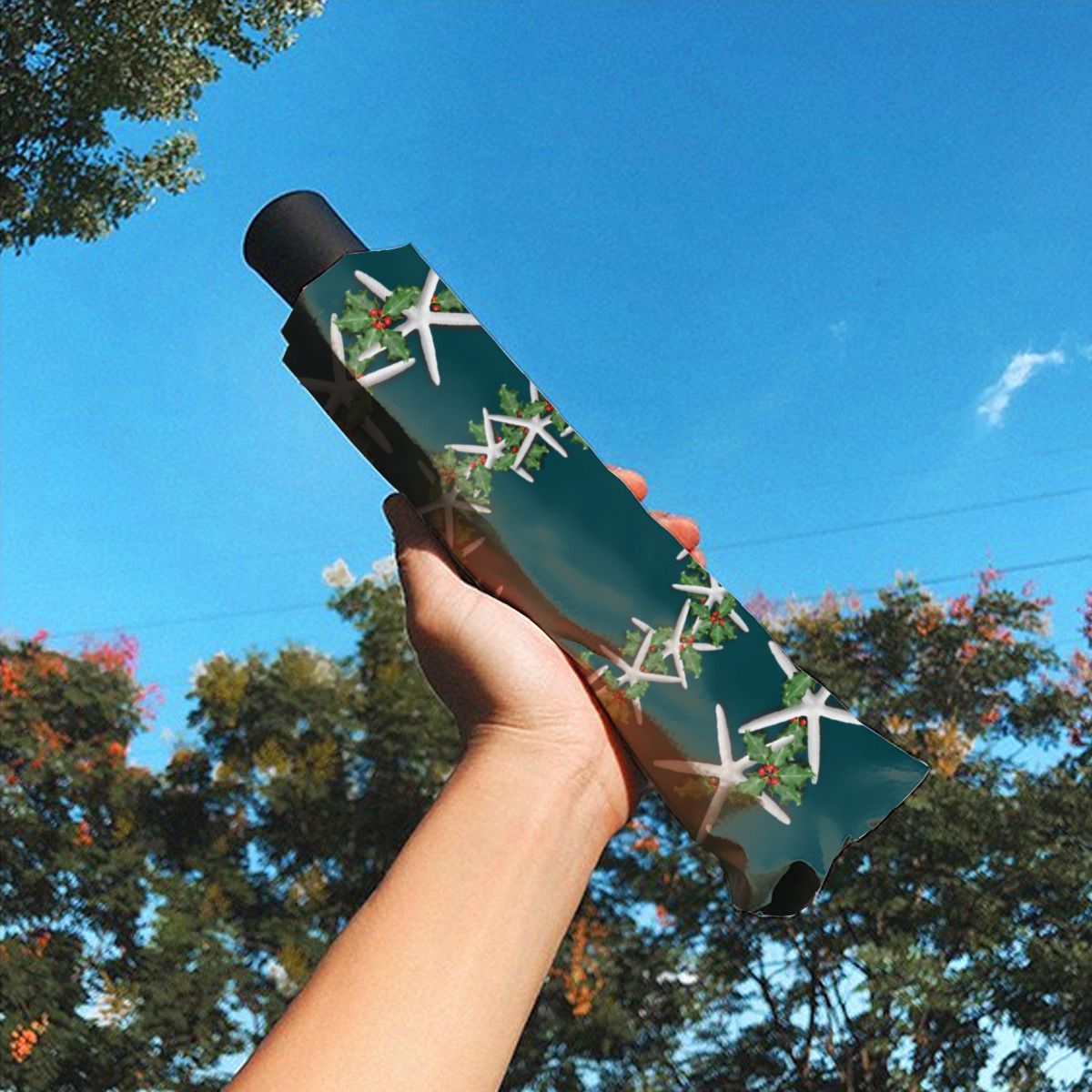 Tropical Christmas Sand Dollars Starfish Teal Brushed Polyester Umbrella No.3Q3BBP