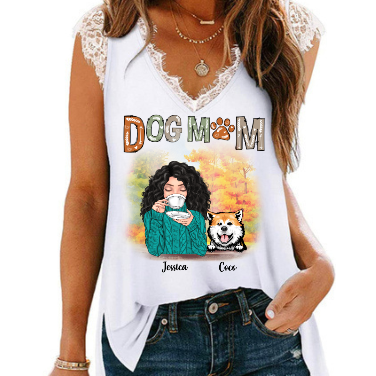 Fall Season Coffee Girl Dog Mom Personalized Women Tank Top V Neck Lace