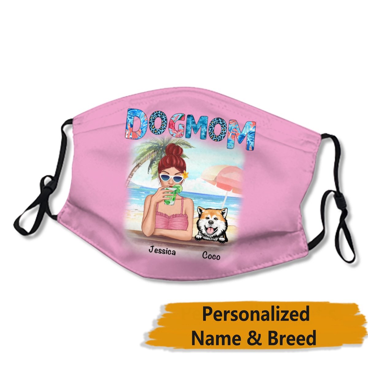 Dog Mom Summer Patterned Personalized Name & Breed Face Mask