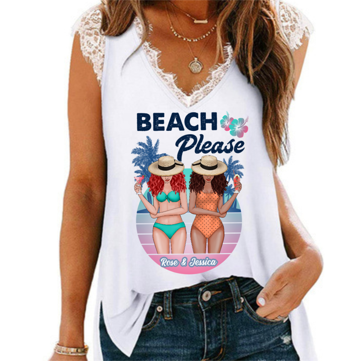 Beach Please Bikini Besties Personalized Women Tank Top V Neck Lace